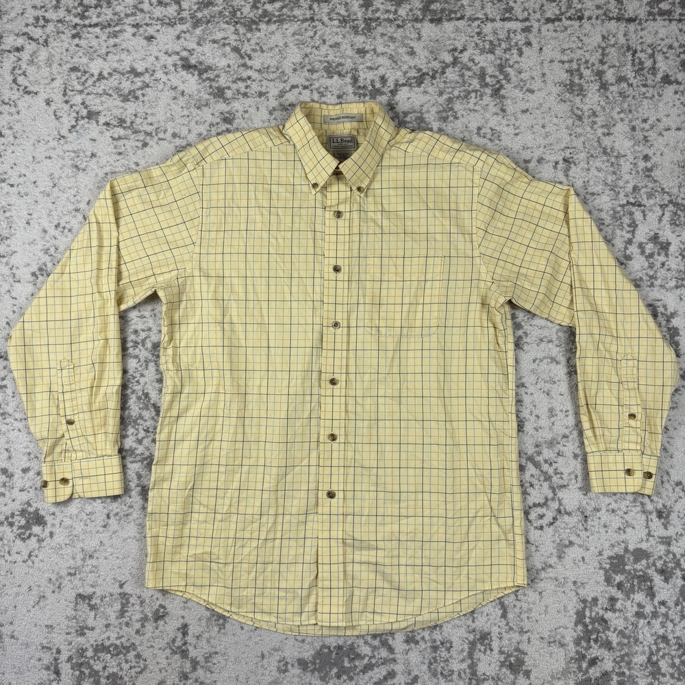 LL Bean Shirt Mens Medium Yellow Check Button Down Wrinkle Resistant Cotton